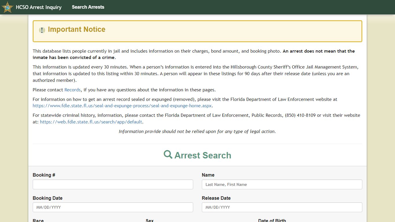 HCSO Arrest Inquiry Search